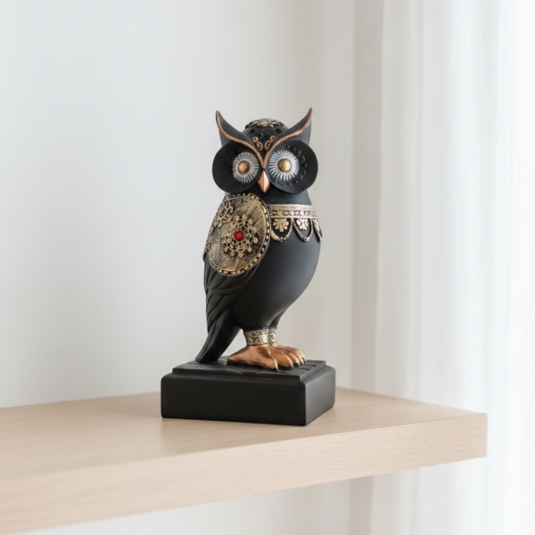 black owl sculpture with copper finish claws