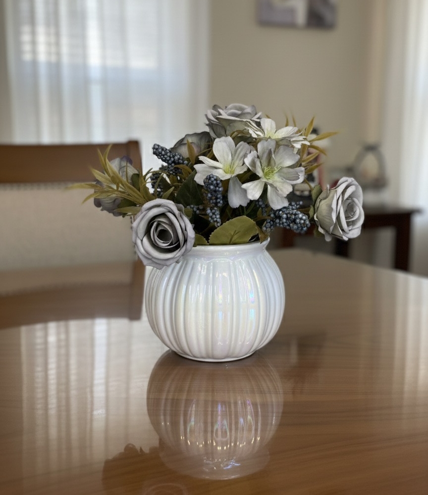 ribbed pearl vase with soft floral accents ribbed pearl vase with soft floral accents